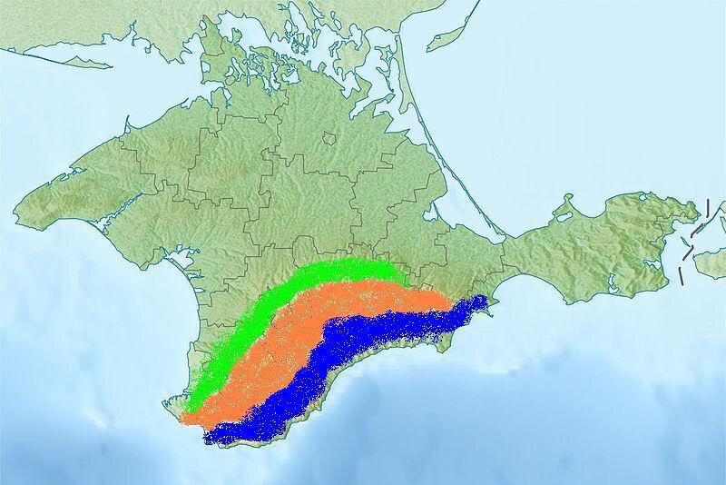 Крымские горы. Главная гряда (синяя), Внутренняя гряда (оранжевая), Внешняя гряда (салатовая)